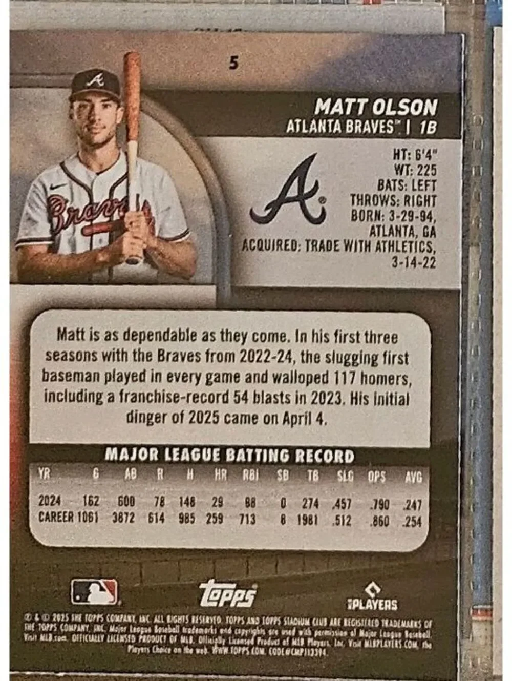 Matt Olson [Blue Insert] #5 - 2025 Topps Stadium Club - Atlanta Braves - Picture 2 of 2